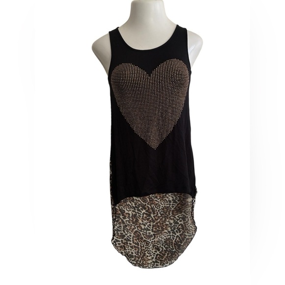 Ocasion Tops - Ocasion High Low Black Righstones Heart Leopard Sheer Contrast Tunic Top S